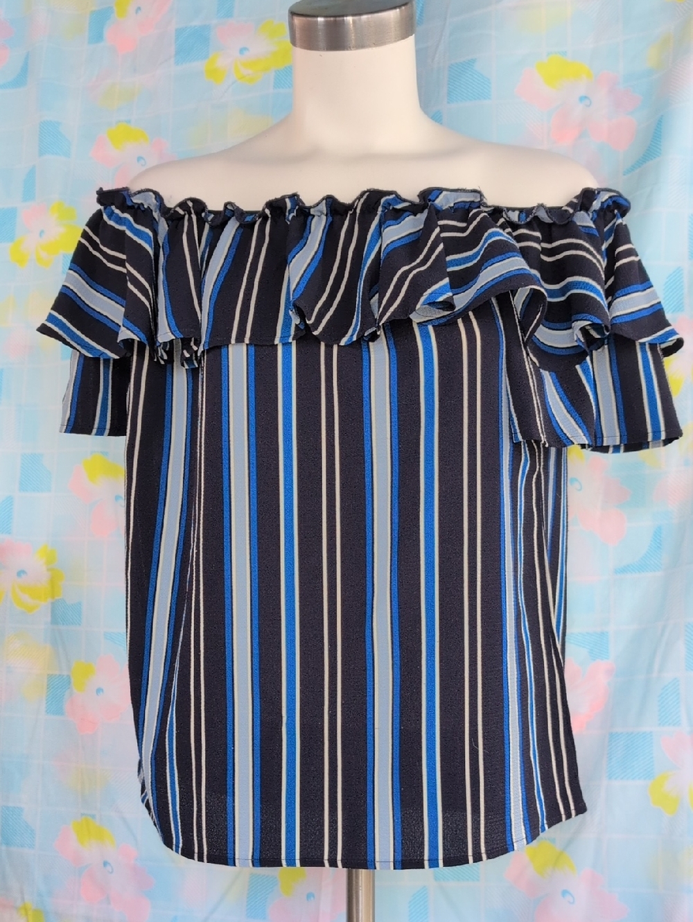 Women’s Off-Shoulder Ruffle Stripe Blouse - Navy & Blue